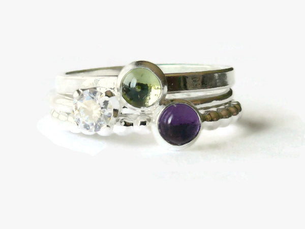 Sterling silver stacking ring set sterling silver ring silver gemstone ring cubic zirconia, purple amethyst ring, green peridot ring