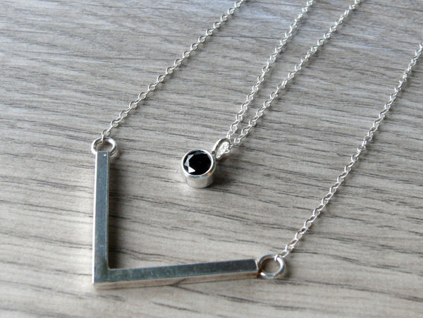 Long layered necklace Layering necklace set Sterling silver necklace double strand necklace layer necklace silver chevron necklace black CZ