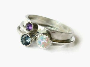 White opal ring Sterling stacking ring set sterling silver ring gemstone ring purple cz blue zircon sterling silver ring silver opal ring