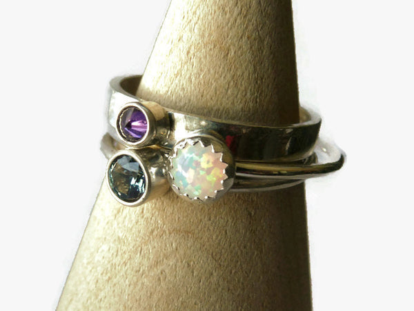 White opal ring Sterling stacking ring set sterling silver ring gemstone ring purple cz blue zircon sterling silver ring silver opal ring