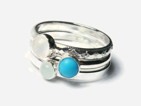 Sterling silver gemstone stacking rings set of 3 gemstone stackable rings silver ring moonstone, turquoise, aquamarine