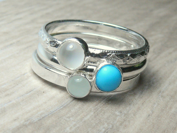 Sterling silver gemstone stacking rings set of 3 gemstone stackable rings silver ring moonstone, turquoise, aquamarine