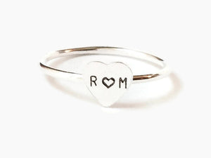 Personalized heart initial ring, stacking rings, tiny sterling silver heart, couples ring true love engraved