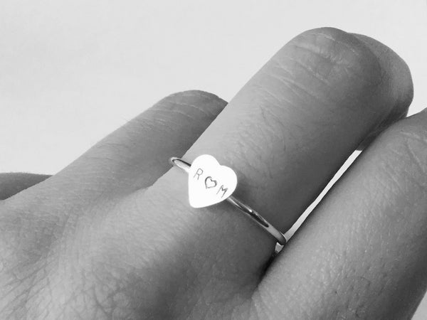 Personalized heart initial ring, stacking rings, tiny sterling silver heart, couples ring true love engraved