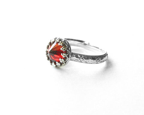 Red Cubic Zirconia Ring with Sterling Silver Floral Band