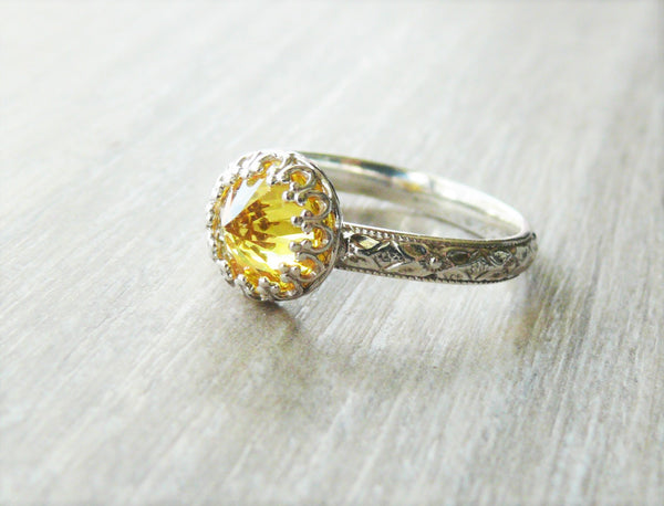sterling silver yellow gemstone ring